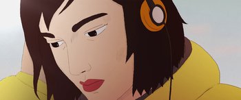 Movie still from “I Lost My Body” (2019), directed by Jérémy Clapin – A woman's face with headphones on; Extreme Close Up shot, Overhead angle