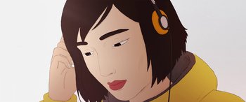 Movie still from “I Lost My Body” (2019), directed by Jérémy Clapin – A woman's face wearing headphones; Close Up shot, Overhead angle