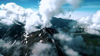Movie still from “Icarus” (2017), directed by Bryan Fogel – A view of a mountain from a plane; Extreme Wide shot, Overhead angle