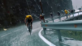 Movie still from “Icarus” (2017), directed by Bryan Fogel – A group of people riding bikes on a road; Extreme Wide shot, High angle