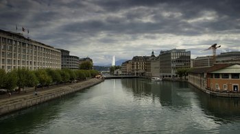 Movie still from “Icarus” (2017), directed by Bryan Fogel – A view of a river with a bridge in the background; Extreme Wide shot, High angle