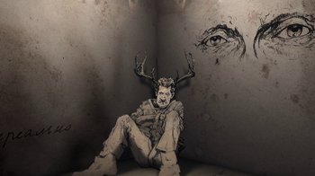 Movie still from “Icarus” (2017), directed by Bryan Fogel – A drawing of a man with antlers sitting in front of an eye; Extreme Close Up shot, Overhead angle