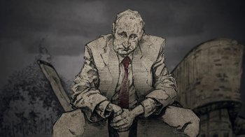 Movie still from “Icarus” (2017), directed by Bryan Fogel – A man in a suit and tie sitting on a ledge; Medium shot, Low angle