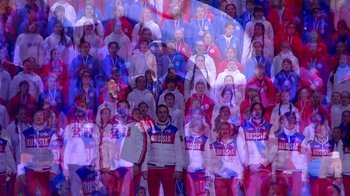 Movie still from “Icarus” (2017), directed by Bryan Fogel – A large group of people are standing in front of a mirror; Medium shot, Low angle