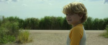 Movie still from “In the Tall Grass” (2019), directed by Vincenzo Natali – A young boy standing in front of some trees; Close Up shot, Over the shoulder angle