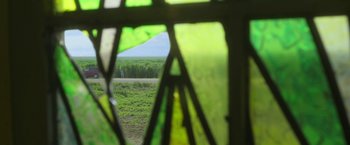 Movie still from “In the Tall Grass” (2019), directed by Vincenzo Natali – A view of a grassy field through a window; Extreme Wide shot, Over the shoulder angle