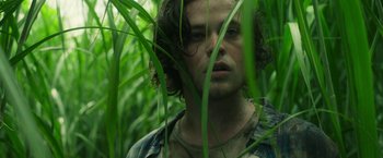 Movie still from “In the Tall Grass” (2019), directed by Vincenzo Natali – A man standing in tall green grass looking at the camera; Close Up shot, Low angle