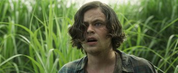 Movie still from “In the Tall Grass” (2019), directed by Vincenzo Natali – A person with long brown hair; Close Up shot, Low angle