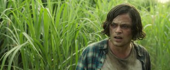 Movie still from “In the Tall Grass” (2019), directed by Vincenzo Natali – A man standing in a field with tall green grass; Close Up shot, Over the shoulder angle