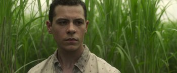 Movie still from “In the Tall Grass” (2019), directed by Vincenzo Natali – A person wearing a shirt near some grass; Close Up shot, Low angle