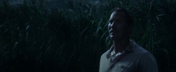 Movie still from “In the Tall Grass” (2019), directed by Vincenzo Natali – A man standing next to a bunch of tall grass at night; Close Up shot, Low angle