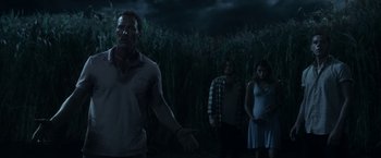 Movie still from “In the Tall Grass” (2019), directed by Vincenzo Natali – A group of people standing next to each other in a field; Medium shot, Over the shoulder angle