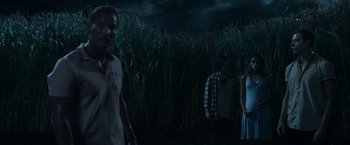 Movie still from “In the Tall Grass” (2019), directed by Vincenzo Natali – A group of people standing next to tall grass; Wide shot, Over the shoulder angle