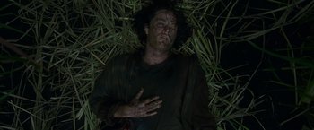Movie still from “In the Tall Grass” (2019), directed by Vincenzo Natali – A man laying on the ground covered in grass; Medium shot, Overhead angle
