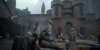 Movie still from “House of the Dragon” (2022), created by George R.R. Martin – Wide shot, Low angle