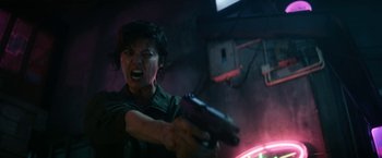 Movie still from “Kate” (2021), directed by Cedric Nicolas-Troyan – Close Up shot, Low angle