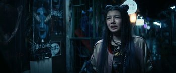 Movie still from “Kate” (2021), directed by Cedric Nicolas-Troyan – Close Up shot, Over the shoulder angle