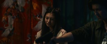 Movie still from “Kate” (2021), directed by Cedric Nicolas-Troyan – Close Up shot, Over the shoulder angle