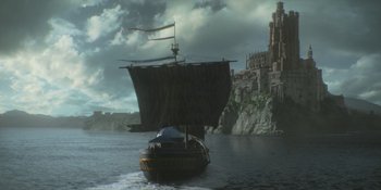 Movie still from “House of the Dragon” (2022), created by George R.R. Martin – A boat that is sailing in the water; Extreme Wide shot, Low angle