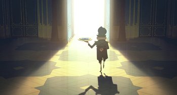 Movie still from “Klaus” (2019), directed by Carlos Martínez López – A person holding a plate in a room; Wide shot, Low angle