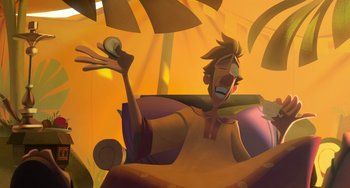 Movie still from “Klaus” (2019), directed by Carlos Martínez López – An animated man holding an object in his hand; Medium shot, Low angle