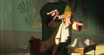 Movie still from “Klaus” (2019), directed by Carlos Martínez López – An animated character is being kissed by another character; Medium shot, Low angle