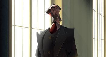 Movie still from “Klaus” (2019), directed by Carlos Martínez López – An animated man in a black suit and red neck tie; Close Up shot, Low angle