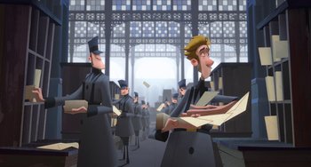 Movie still from “Klaus” (2019), directed by Carlos Martínez López – A group of people standing in front of a building; Wide shot, Low angle