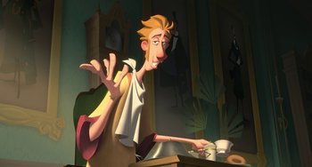 Movie still from “Klaus” (2019), directed by Carlos Martínez López – A cartoon of a man sitting at a kitchen sink; Medium shot, Low angle