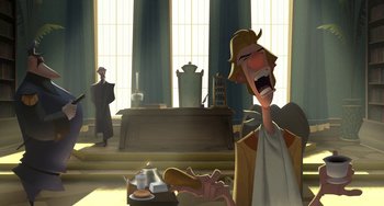 Movie still from “Klaus” (2019), directed by Carlos Martínez López – An animated scene of a man in a court room; Medium shot, Over the shoulder angle