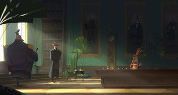 Movie still from “Klaus” (2019), directed by Carlos Martínez López – An artistic rendering of a living room with a clock and paintings on the wall; Wide shot, Over the shoulder angle