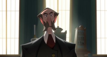 Movie still from “Klaus” (2019), directed by Carlos Martínez López – An animated man in a black suit and red neck tie; Close Up shot, Low angle