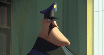 Movie still from “Klaus” (2019), directed by Carlos Martínez López – An animated police officer with a hat on his head; Close Up shot, Low angle