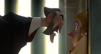 Movie still from “Klaus” (2019), directed by Carlos Martínez López – An animated man and woman face to face; Close Up shot, Over the shoulder angle