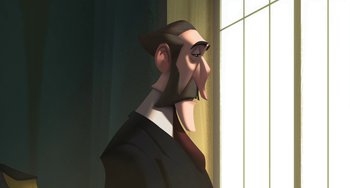 Movie still from “Klaus” (2019), directed by Carlos Martínez López – An illustration of a man in a business suit with an evil look on his face; Close Up shot, Over the shoulder angle
