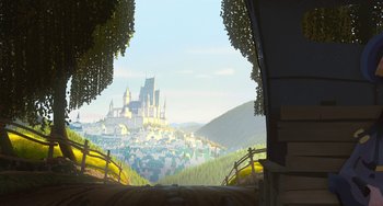 Movie still from “Klaus” (2019), directed by Carlos Martínez López – An illustration of a castle on a hill; Extreme Wide shot, Low angle