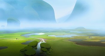 Movie still from “Klaus” (2019), directed by Carlos Martínez López – An aerial view of a green valley with a river running through it; Extreme Wide shot, High angle