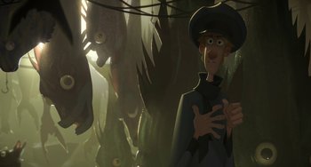 Movie still from “Klaus” (2019), directed by Carlos Martínez López – An animated man standing in front of a bunch of animals; Medium shot, Overhead angle