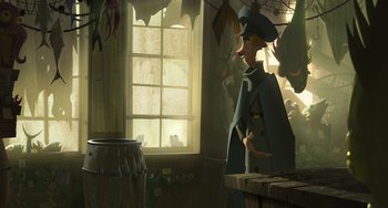 Movie still from “Klaus” (2019), directed by Carlos Martínez López – A cartoon of a man in a hat and a coat standing in front of a window; Wide shot, Low angle