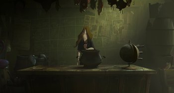 Movie still from “Klaus” (2019), directed by Carlos Martínez López – An animated witch sitting in a cauldron in a dark room; Wide shot, High angle