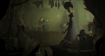 Movie still from “Klaus” (2019), directed by Carlos Martínez López – An animated scene of a woman and a man in a kitchen; Wide shot, Overhead angle