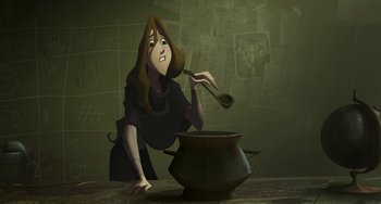 Movie still from “Klaus” (2019), directed by Carlos Martínez López – An animated woman stirring a pot with a wooden spoon; Medium shot, High angle