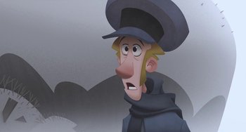 Movie still from “Klaus” (2019), directed by Carlos Martínez López – A cartoon of a man with a hat on his head; Close Up shot, Over the shoulder angle