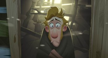 Movie still from “Klaus” (2019), directed by Carlos Martínez López – A cartoon of a man with blond hair and a smirking face; Close Up shot, High angle