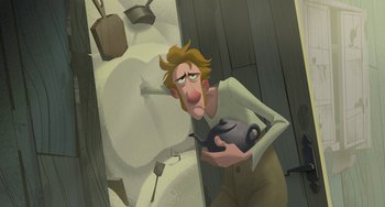 Movie still from “Klaus” (2019), directed by Carlos Martínez López – An animated man holding a black cat in his hands; Medium shot, Overhead angle