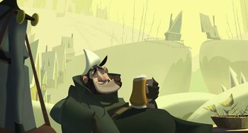Movie still from “Klaus” (2019), directed by Carlos Martínez López – An animated character is drinking a glass of beer; Wide shot, Low angle