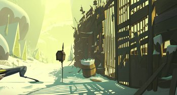 Movie still from “Klaus” (2019), directed by Carlos Martínez López – An illustration of an open gate and a mailbox in the background; Extreme Wide shot, Overhead angle