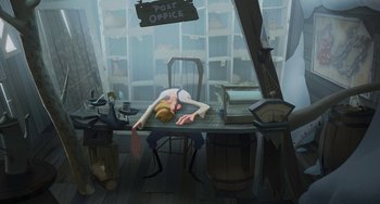 Movie still from “Klaus” (2019), directed by Carlos Martínez López – A man sleeping at a desk in a post office; Wide shot, High angle