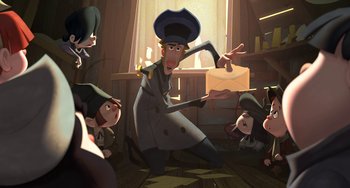 Movie still from “Klaus” (2019), directed by Carlos Martínez López – An animated scene of a man holding an envelope; Medium shot, High angle