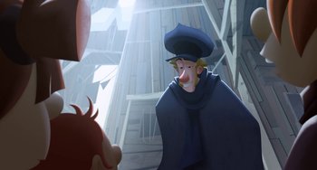 Movie still from “Klaus” (2019), directed by Carlos Martínez López – A man in a hat is talking to another man in a hat; Wide shot, Over the shoulder angle